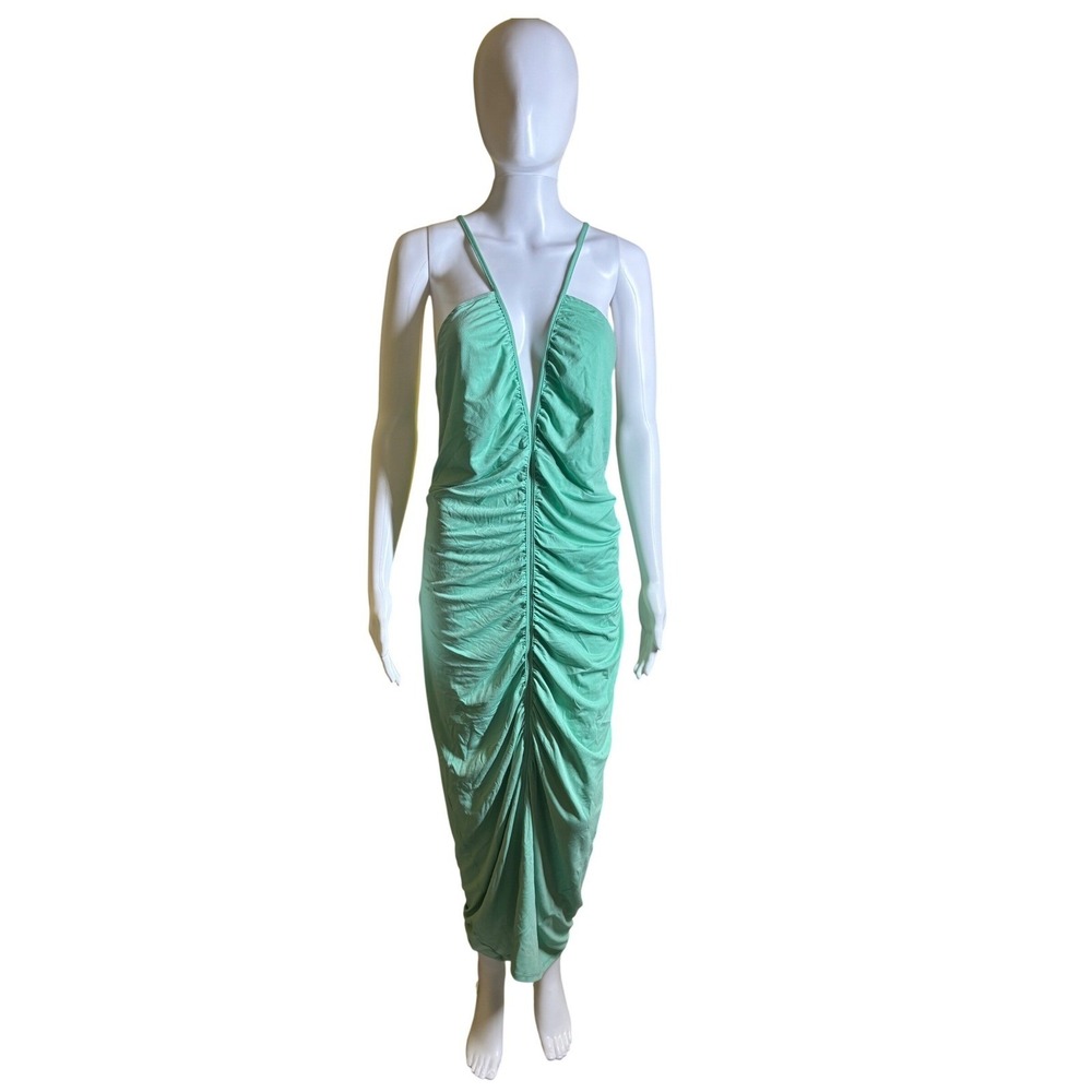 New with Tags H&M Mint Green Ruched Deep V-Neck Open Back Maxi Dress‎ Size XXL